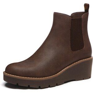Athlefit Women Brown Chelsea Wedge Platform Slip on Lug Sole Elastic Ankle Boot